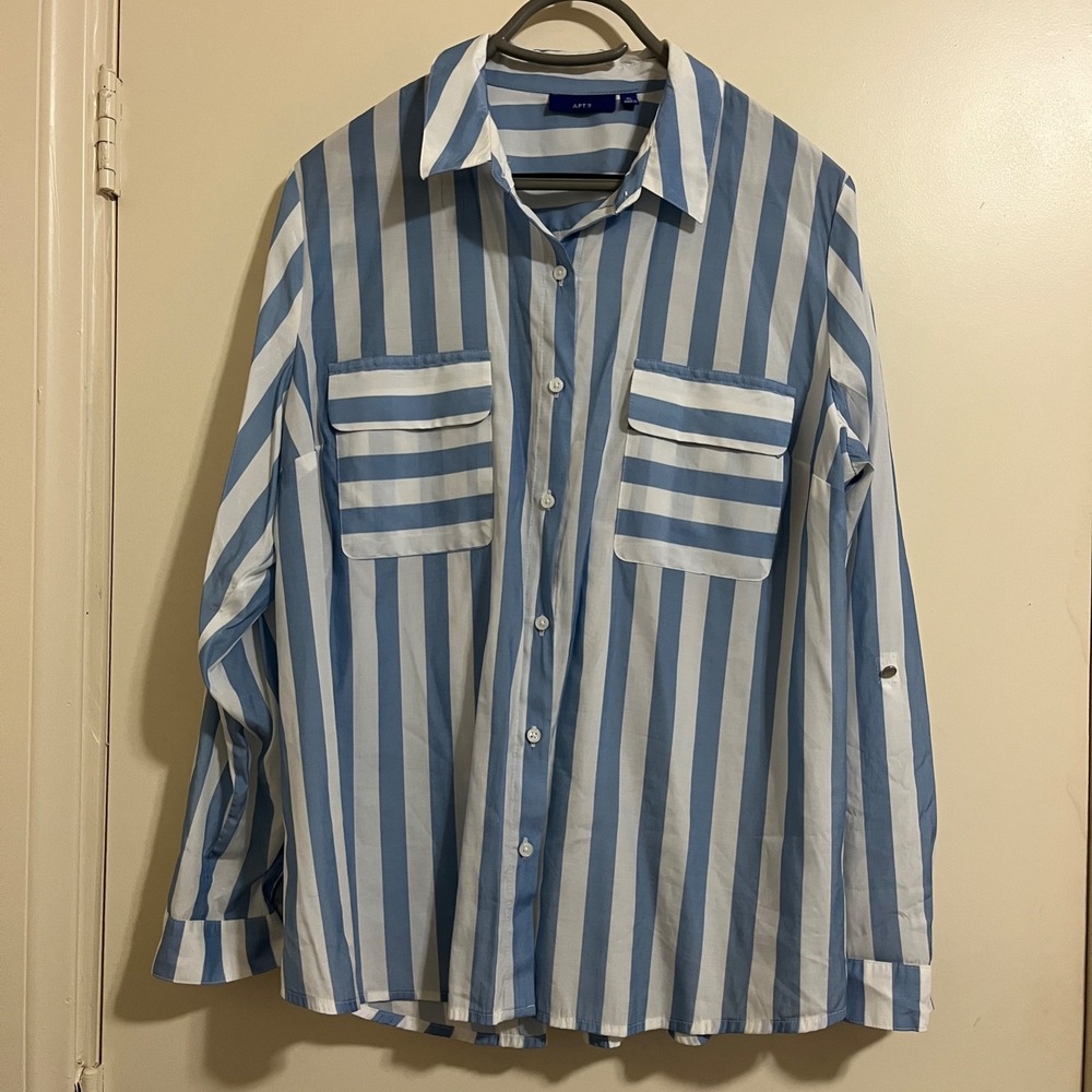 Apt 9 Striped Button Up Shirt XL Rolled Tab Sleeves Coastal Grandmother Preppy